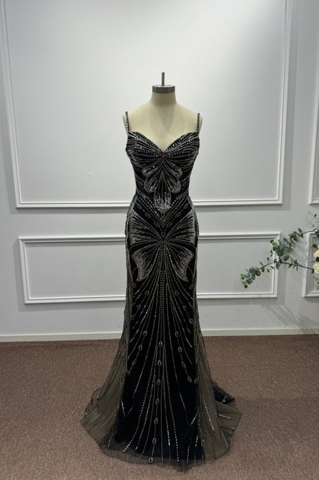 Black Spaghetti Straps Sleeveless Beadings Mermaid Prom Dress - Prom Dresses