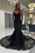 Black Spaghetti Straps White Mermaid Wedding Dress V neck Tulle Lace Bridal Gown wedding dresses