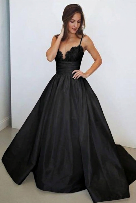Black Spaghetti Straps White V Neck Sleeveless Satin Beach Wedding Dress - Wedding Dresses