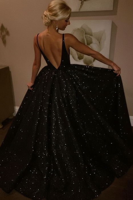 Black Sparkly V-neck Sleeveless Backless Floor-length Party Dress Prom Dresses - Prom Dresses