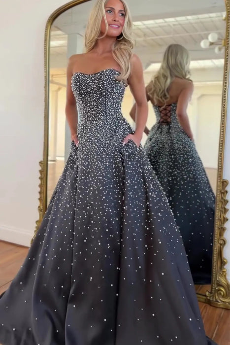 Black Strapless Satin Prom Dress A-Line Evening Dress with Beadings