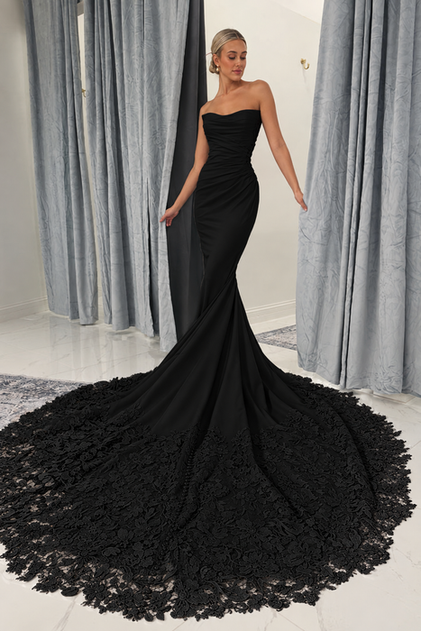 Black Strapless Mermaid Lace Appliques Sweetheart Wedding Dress Long Bridal Dress with Train - Wedding Dresses