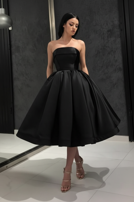 Black Strapless Tea Length Prom Dress Sleeveless Aline Homecoming Dress Satin Cocktail Dress