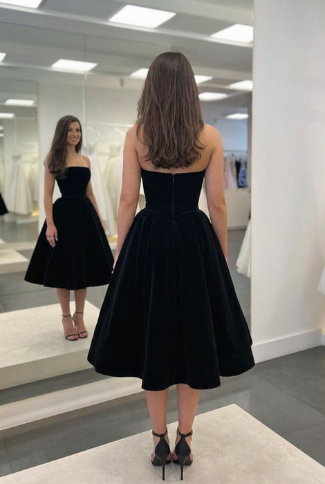 Black Strapless Tea Length Prom Dress Back View