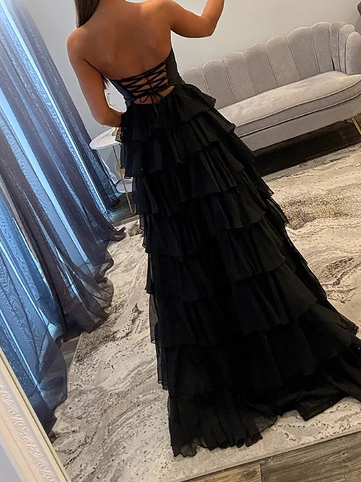 Black Strapless Tiered Ruffle Chiffon Prom Dress Long with Slit