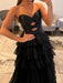 Black Strapless Tiered Ruffle Chiffon Prom Dress Long with Slit