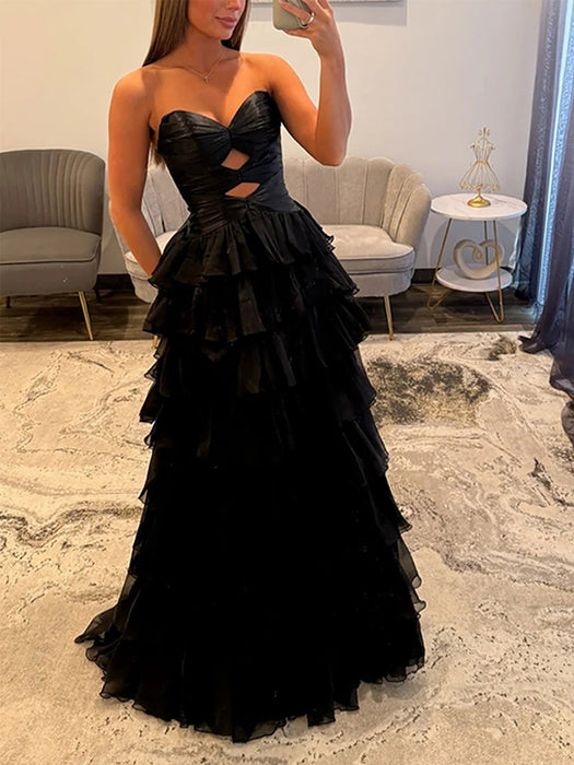 Black Strapless Tiered Ruffle Chiffon Prom Dress Long with Slit