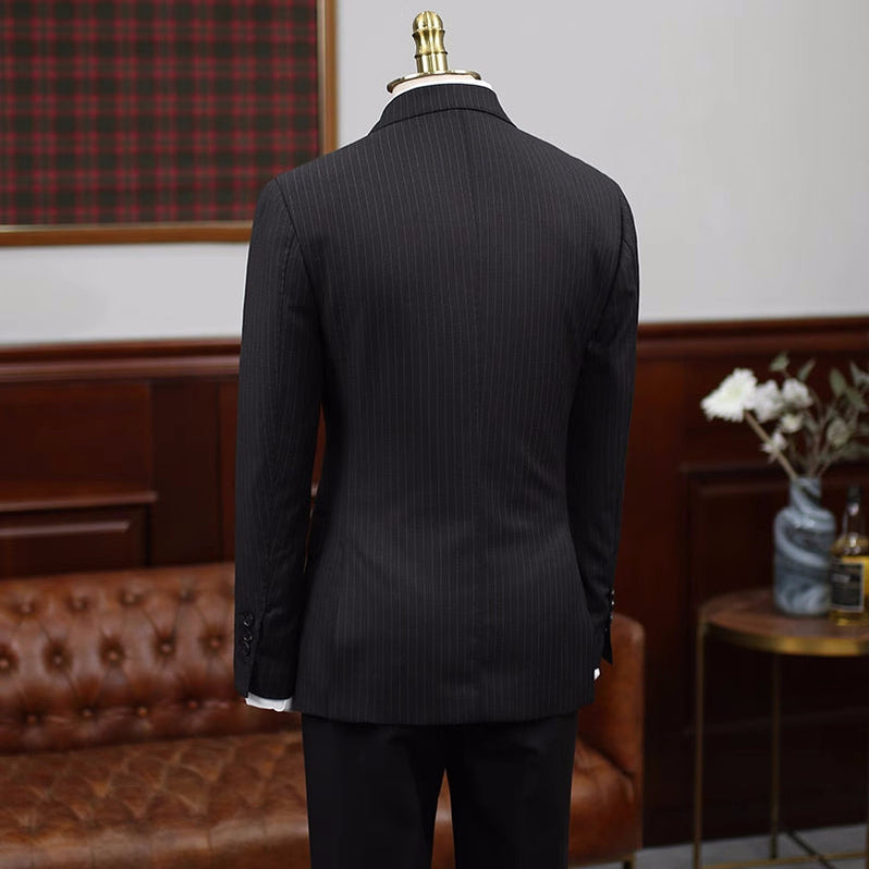 Men'S 2 Piece Executive Suit - Peak Lapel Black With Chalk Stripe ~ Pinstripe