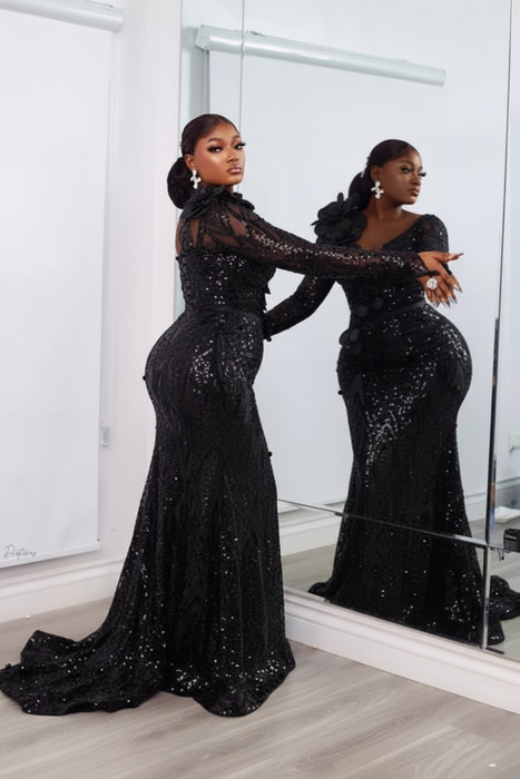 Black Stylish One-Shoulder Deep V-Neck Mermaid Prom Dress with Appliques