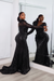 Black Stylish One-Shoulder Deep V-Neck Mermaid Prom Dress with Appliques