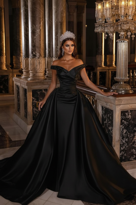 Black Sweetheart Backless Satin A-Line Off-The-Shoulder Bridal Gown with Ruffled Appliques