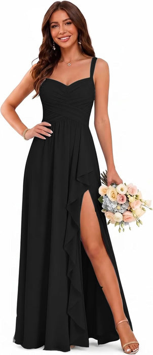 Women's Chiffon Bridesmaid Dresses Long Evening Formal Gown with Slit - Black