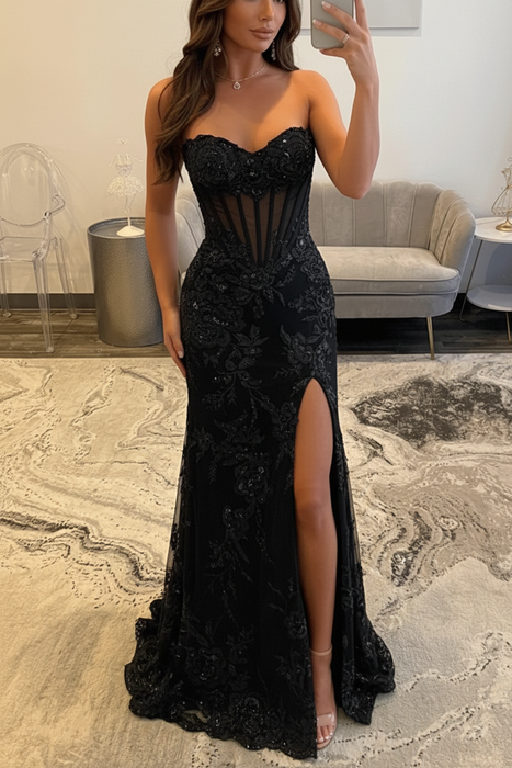 Black Sweetheart Lace Mermaid Evening Dress Sequins Corset Prom Dress with Appliques