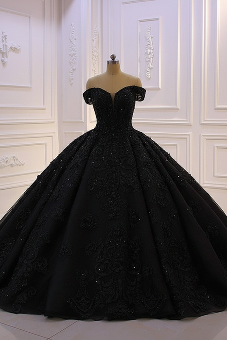 Black Sweetheart Off-the-Shoulder Backless Wedding Dress with Lace Ruffles and Tulle Appliques