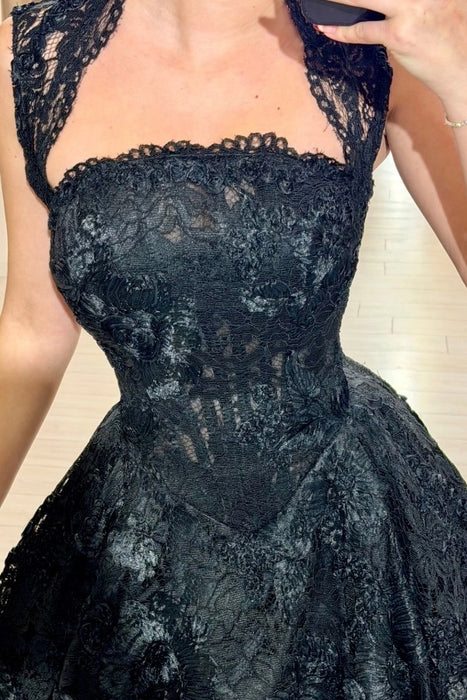 Aline Black Tea Length Evening Dress Square Neck Lace Formal Dress
