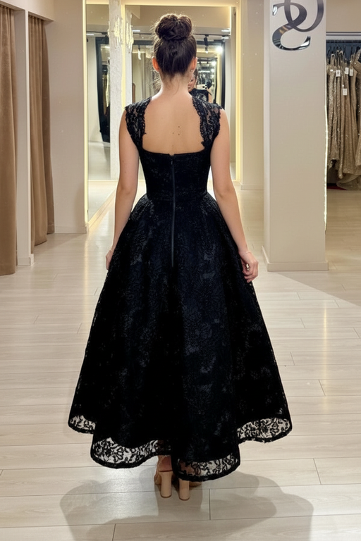Aline Black Tea Length Evening Dress Square Neck Lace Formal Dress