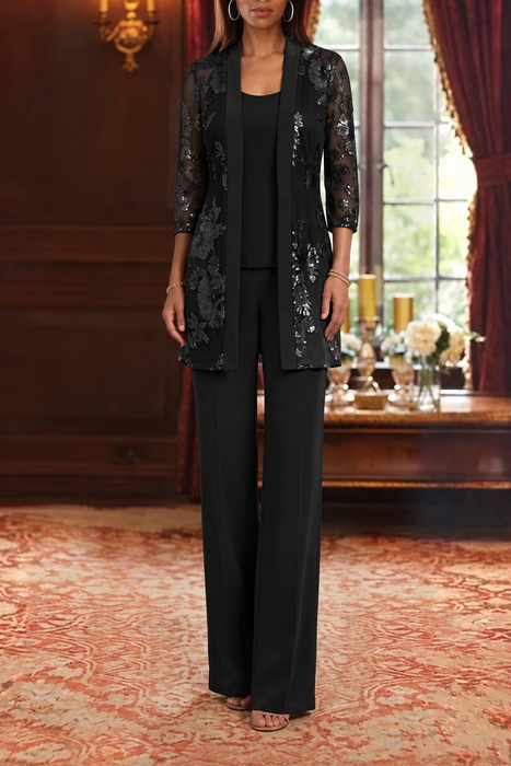 Black three-piece mother of the bride pantsuit