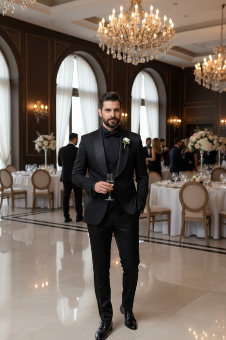 Black Three Pieces Jacquard Shawl Lapel Wedding Men Suit