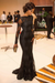Black Trumpet/Mermaid High Neck Long Sleeves Applique Sweep/Brush Train Satin Dresses - Prom Dresses