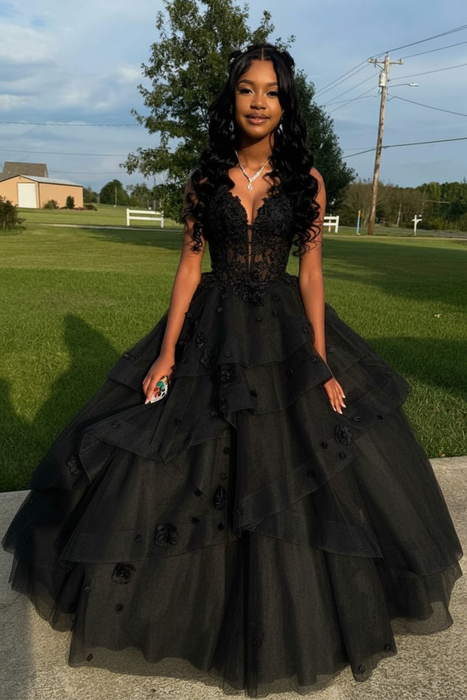 Black Spaghetti Straps Aline Prom Dress Tulle Aline Evening Dress with Lace