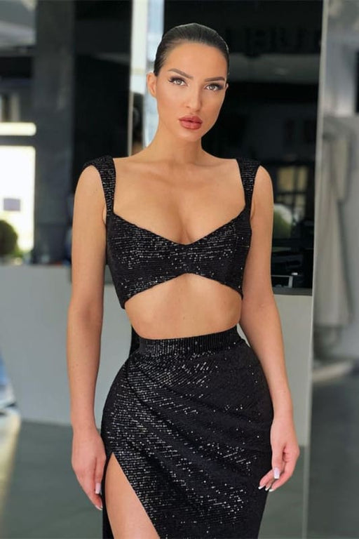 Black Two-Piece Mermaid Straps Prom Dress with Sequins and Split