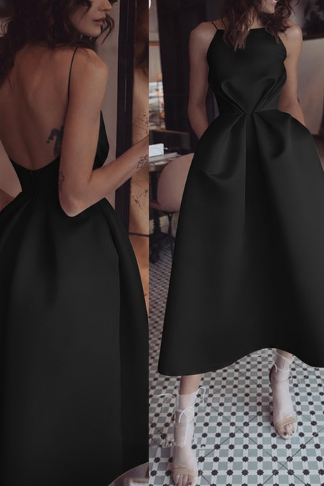 Black Unique Tea Length Satin Party Spaghetti Straps Backless Prom Dress - Prom Dresses