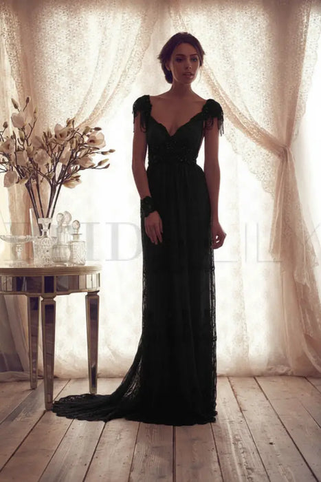 Black V Neck Backless Boho Wedding Dresses - wedding dresses