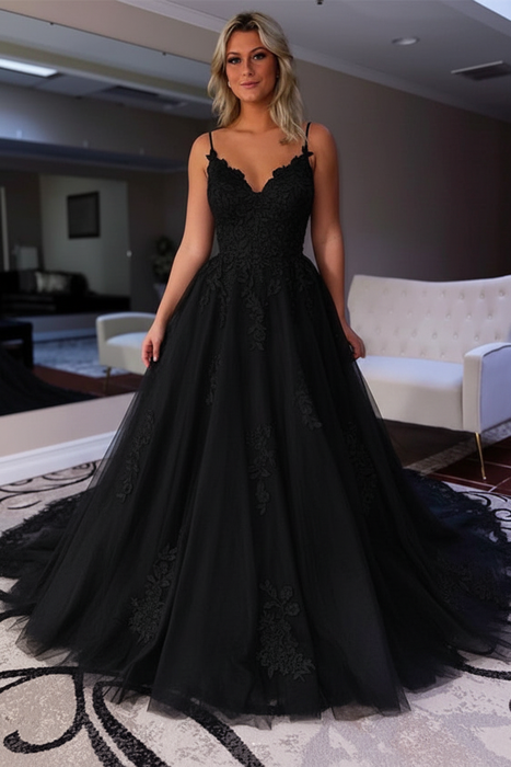 Black V Neck Backless Lace Aline Wedding Dresses
