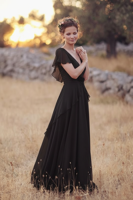 Black V Neck Chiffon Boho Unique Cap Sleeves Beach Wedding Dress