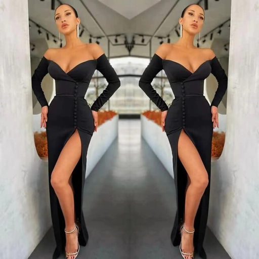 Black V-Neck Mermaid Evening Dress with Front Split, Long Sleeves, and Off-The-Shoulder