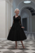 Black Tulle Aline Wedding Dress with Appliques Long Sleeves Tea Length Bridal Dress