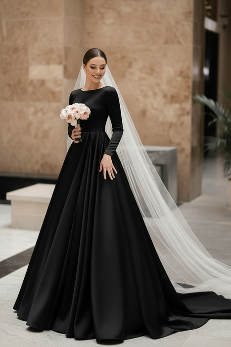 Black Vintage Wedding Dress Jewel Neck Sleeveless Natural Waist Satin Fabric Chapel Train Pleated Traditional Dresses For Bride