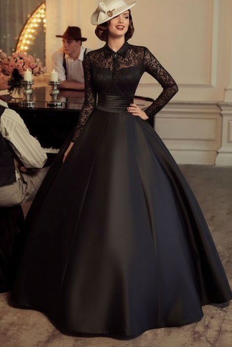 Black Vintage Wedding Dresses Halter Long Sleeves Satin Floor Length Lace Traditional Dresses For Bride