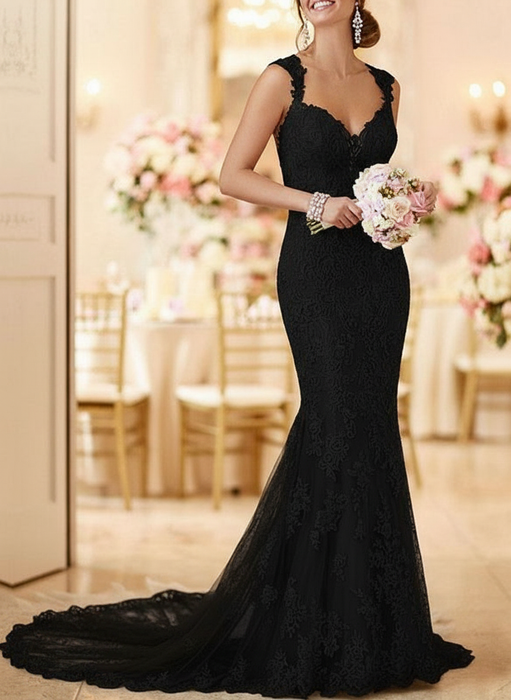 black mermaid wedding dress lace Black Mermaid Wedding Dresses, Gothic Wedding Dresses