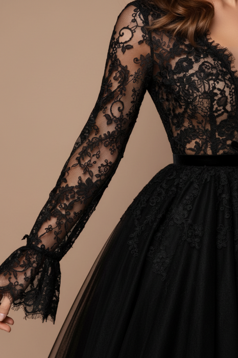 Black Wedding Dress A-Line Tulle Lace Bridal Gowns-Bridelily Black Wedding Dress A-Line Tulle Lace Bridal Gowns-Bridelily