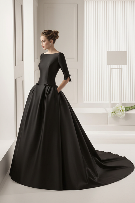 Black Wedding Dresses A-line Chapel Bateau Neck Train 3/4 Length Sleeves Bows Satin Fabric White Bridal Dresses