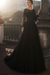 Black wedding dresses a line illusion neck long sleeve floor length tulle pleated bridal dress with train