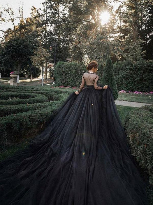 Black Wedding Dresses Tulle A-Line V-neck Long Sleeves Backless Natural Waist Lace Royal Train Bridal Gown