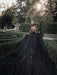 Black Wedding Dresses Tulle A-Line V-neck Long Sleeves Backless Natural Waist Lace Royal Train Bridal Gown
