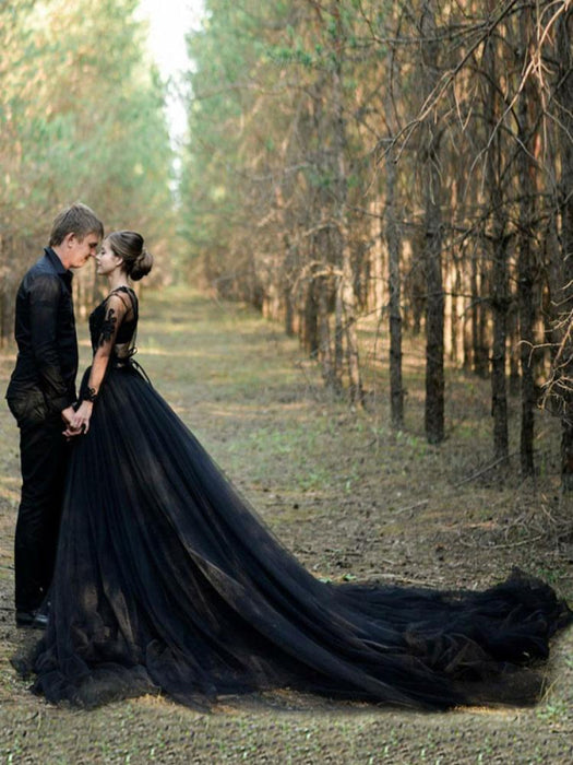 Tulle A-Line Black Wedding Dresses Long Sleeves-Bridelily Tulle A-Line Black Wedding Dresses Long Sleeves-Bridelily