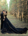 Black Wedding Dresses Tulle A-Line V-neck Long Sleeves Backless Natural Waist Lace Royal Train Bridal Gown