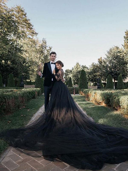 Black Wedding Dresses Tulle A-Line V-neck Long Sleeves Backless Natural Waist Lace Royal Train Bridal Gown