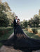 Black Wedding Dresses Tulle A-Line V-neck Long Sleeves Backless Natural Waist Lace Royal Train Bridal Gown