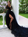 Black Wedding Dresses Tulle A-Line V-neck Long Sleeves Backless Natural Waist Lace Royal Train Bridal Gown