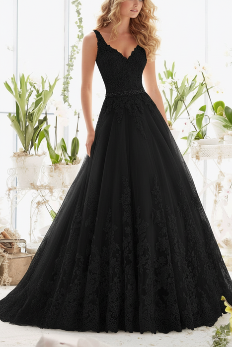 Black Wedding Dresses V Neck Sleeveless A Line Lace Embellishment Beaded Sash Bridal Dresses With Train