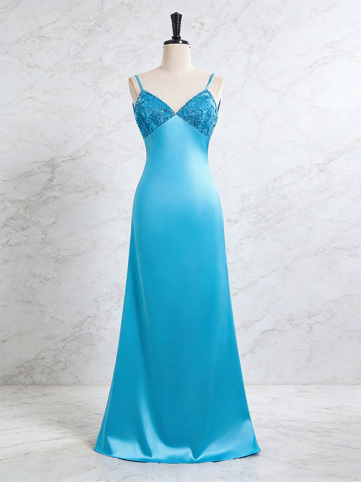 Blue V-neck Beaded Satin A Line Prom Dress