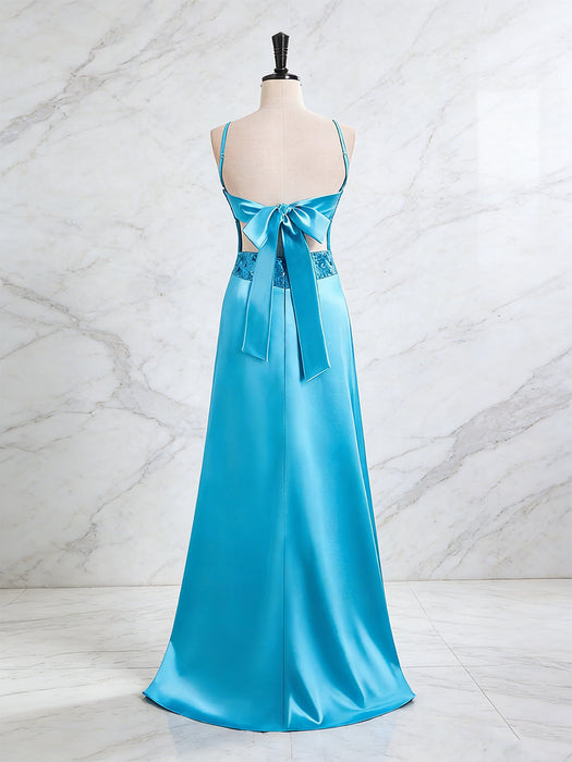 Blue V-neck Beaded Satin A Line Prom Dress