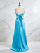 Blue V-neck Beaded Satin A Line Prom Dress