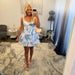 Blue Floral Corset Homecoming Dress with Tiered Ruffle Skirt