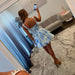 Blue Floral Corset Homecoming Dress with Tiered Ruffle Skirt